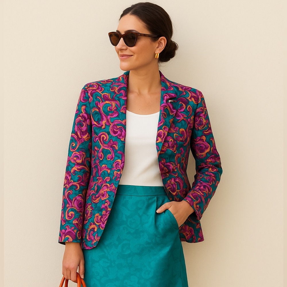 Vintage Adrianna Papell Teal Pink Silk Floral Suit with Skirt Size 6